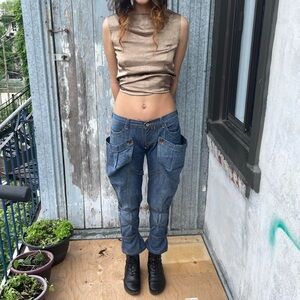 Women Vintage Blue Cargo Jeans
